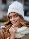 Beaded hat with a neck warmer for winter, cream C50 - Online store - Boutique